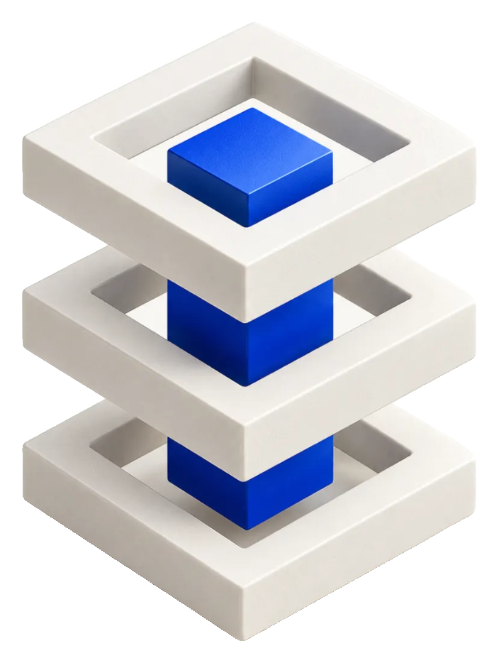 PROOFLAYER emblem: three stacked white square rings held together by one cobalt blue column